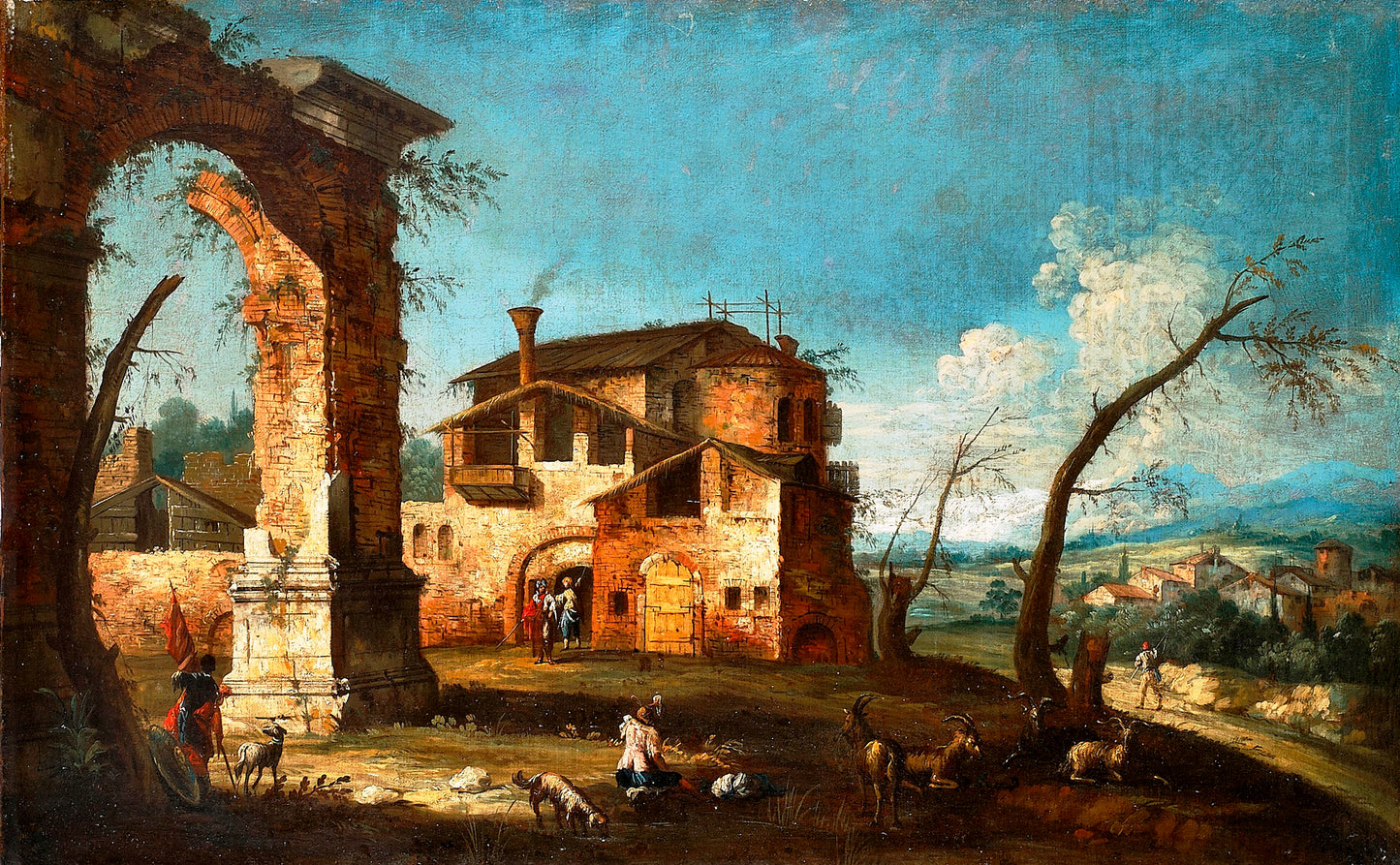 Capriccio View with Ruins of an Arch and Farmhouses, vintage artwork by Michele Giovanni Marieschi, 12x8" (A4) Poster