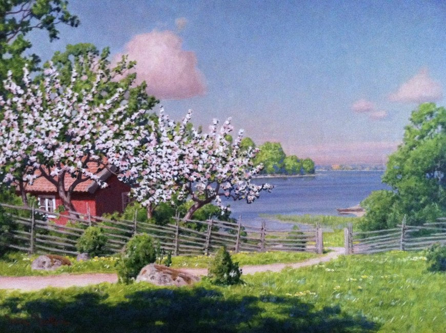 Cottage by the water with fruit trees by Johan Krouthen,A3(16x12")Poster