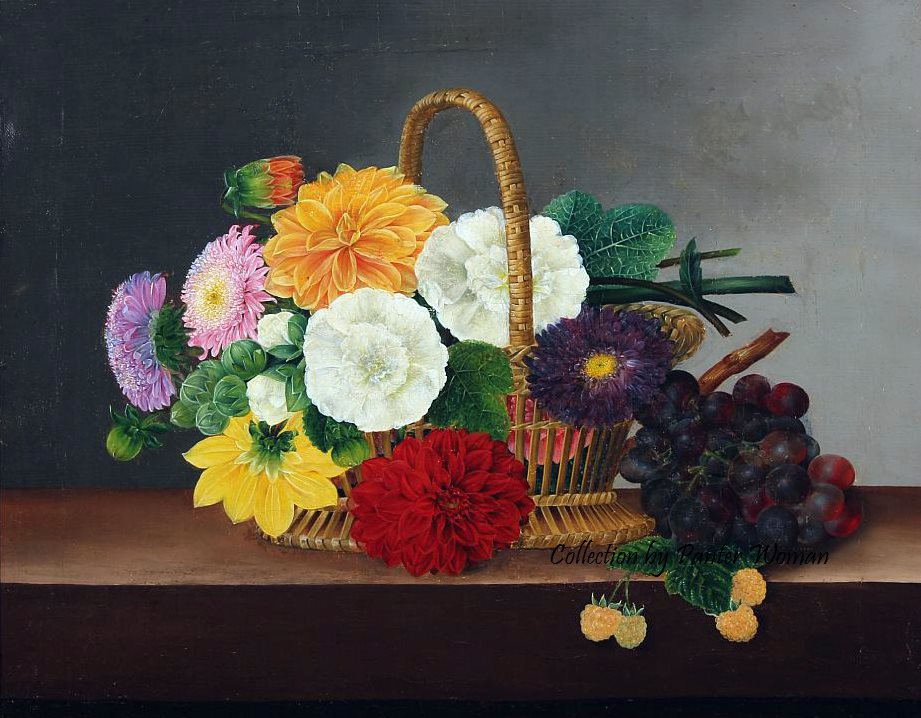 Flower still life with dahlias, asters and hollyhocks in a basket on a table, vintage artwork by Johan Laurentz (J.L.) Jensen, A3 (16x12") Poster Print