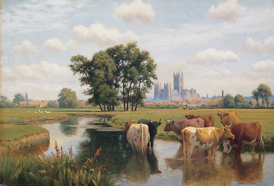 Canterbury Cathedral from the Stour Meadows, Kent, vintage artwork by William Sidney Cooper, 12x8" (A4) Poster