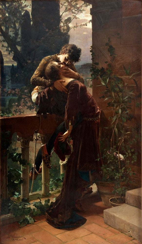 Romeo and Juliet on the balcony, vintage artwork by Julius Johann Ferdinand Kronberg, 12x8" (A4) Poster