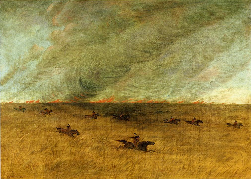 Fire in a Missouri Meadow and a Party of Sioux Indians Escaping from It, Upper Missouri, vintage artwork by George Catlin, A3 (16x12") Poster Print