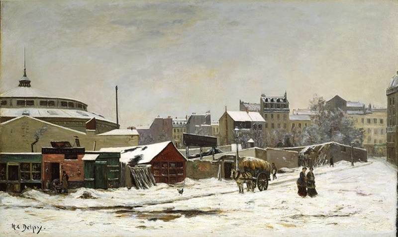 Paris in the Snow: La Rue des Martyrs, vintage artwork by Hippolyte-Camille Delpy, 12x8" (A4) Poster