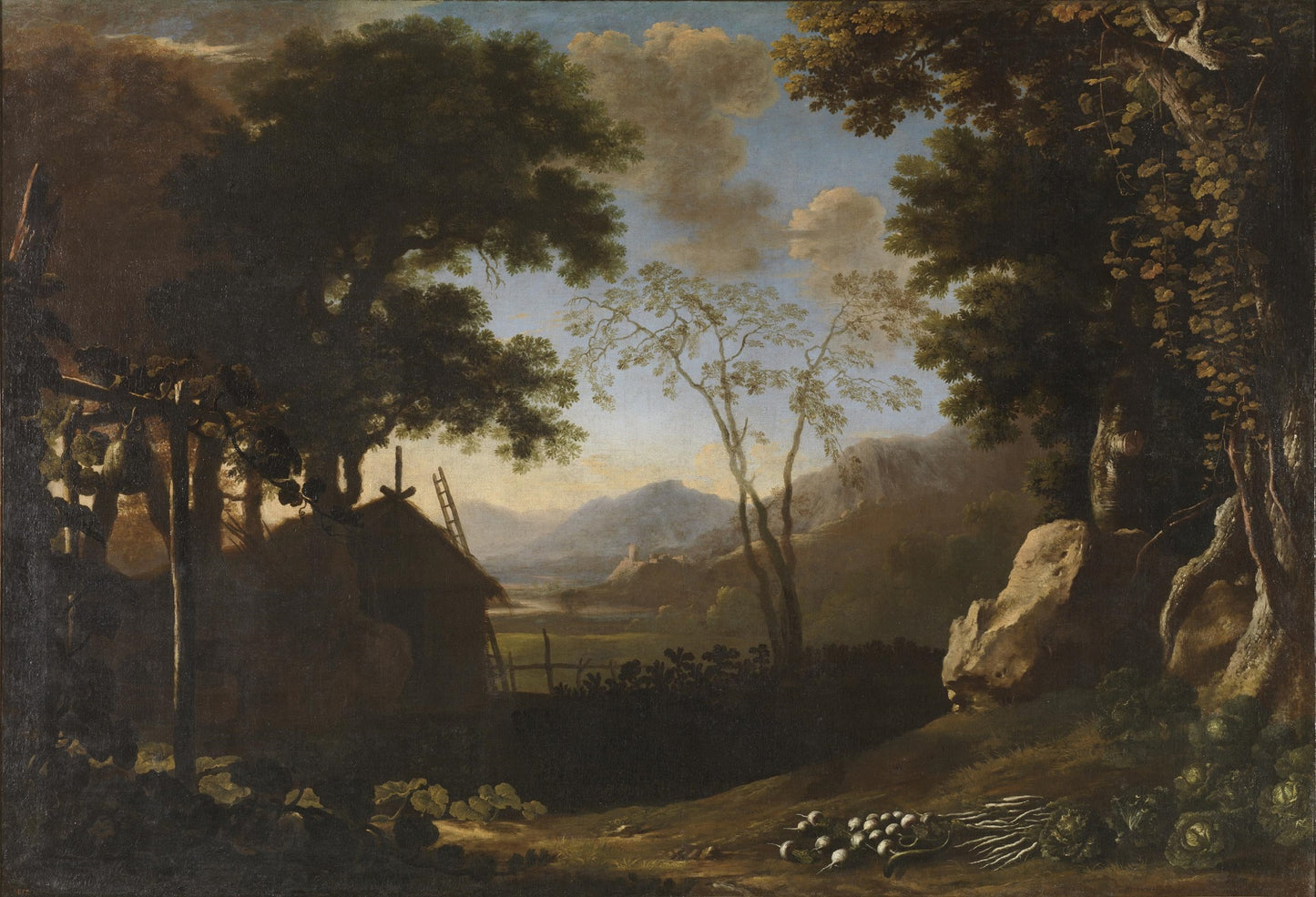 Mountain Landscape with Hut and Vegetables, vintage artwork by Attributed to Herman van Swanevelt, 12x8" (A4) Poster