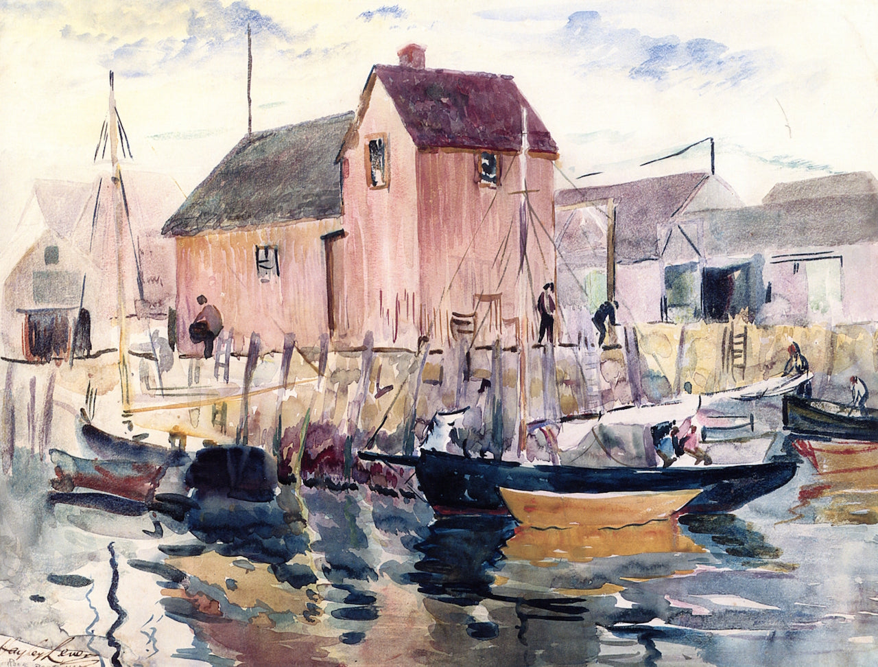 Docked Boats, vintage artwork by Earle Horter, 12x8" (A4) Poster
