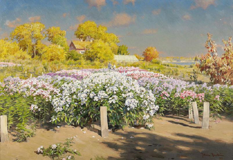 Autumn landscape with phloxes, vintage artwork by Johan Krouthen, 12x8" (A4) Poster