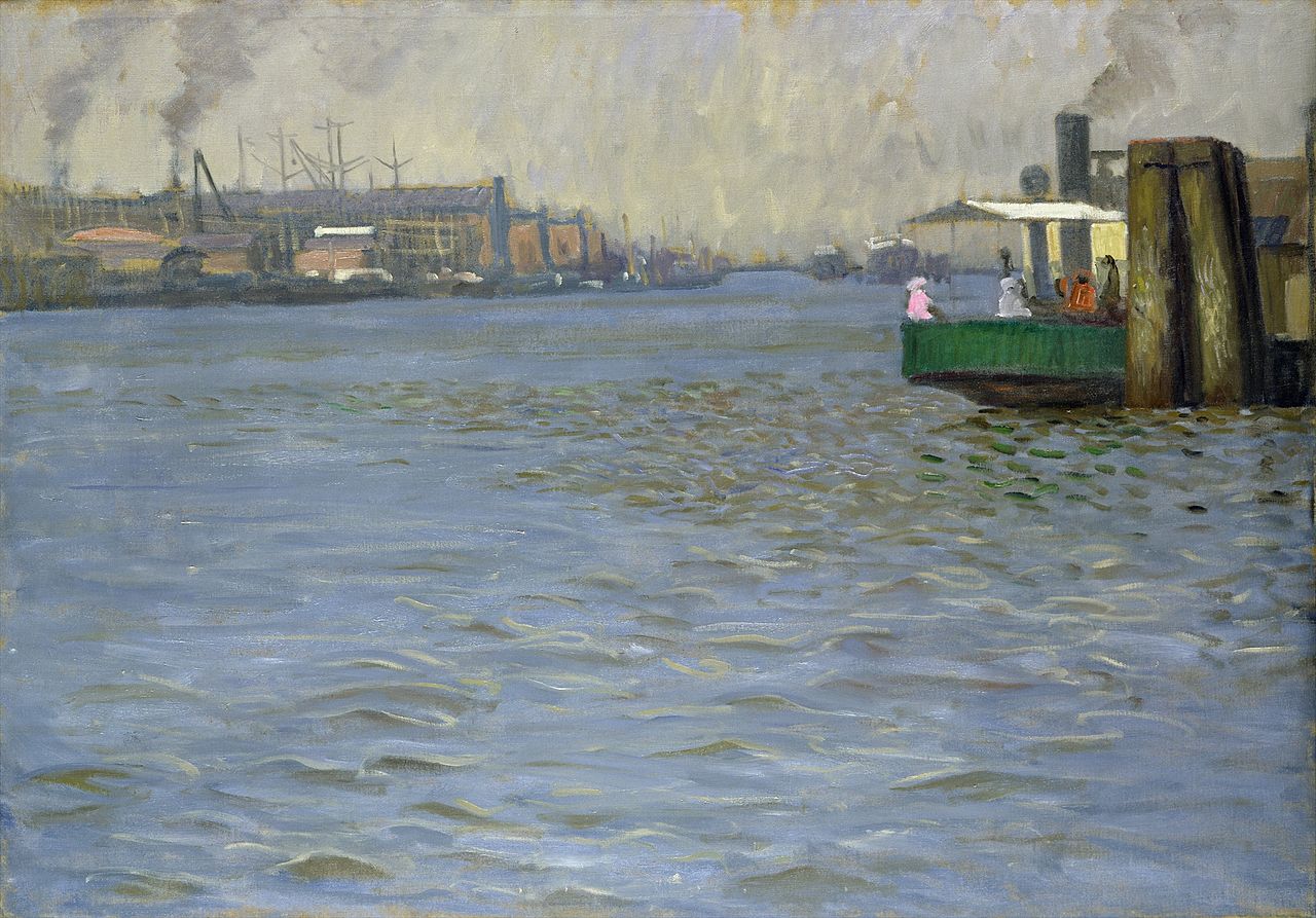 Sunday Atmosphere on the Elbe, St. Pauli Landing Bridge, vintage artwork by Leopold von Kalckreuth, 12x8" (A4) Poster