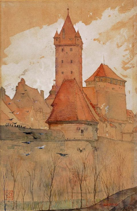 Towers from the City Wall, Nuremberg, vintage artwork by Cass Gilbert, 12x8" (A4) Poster