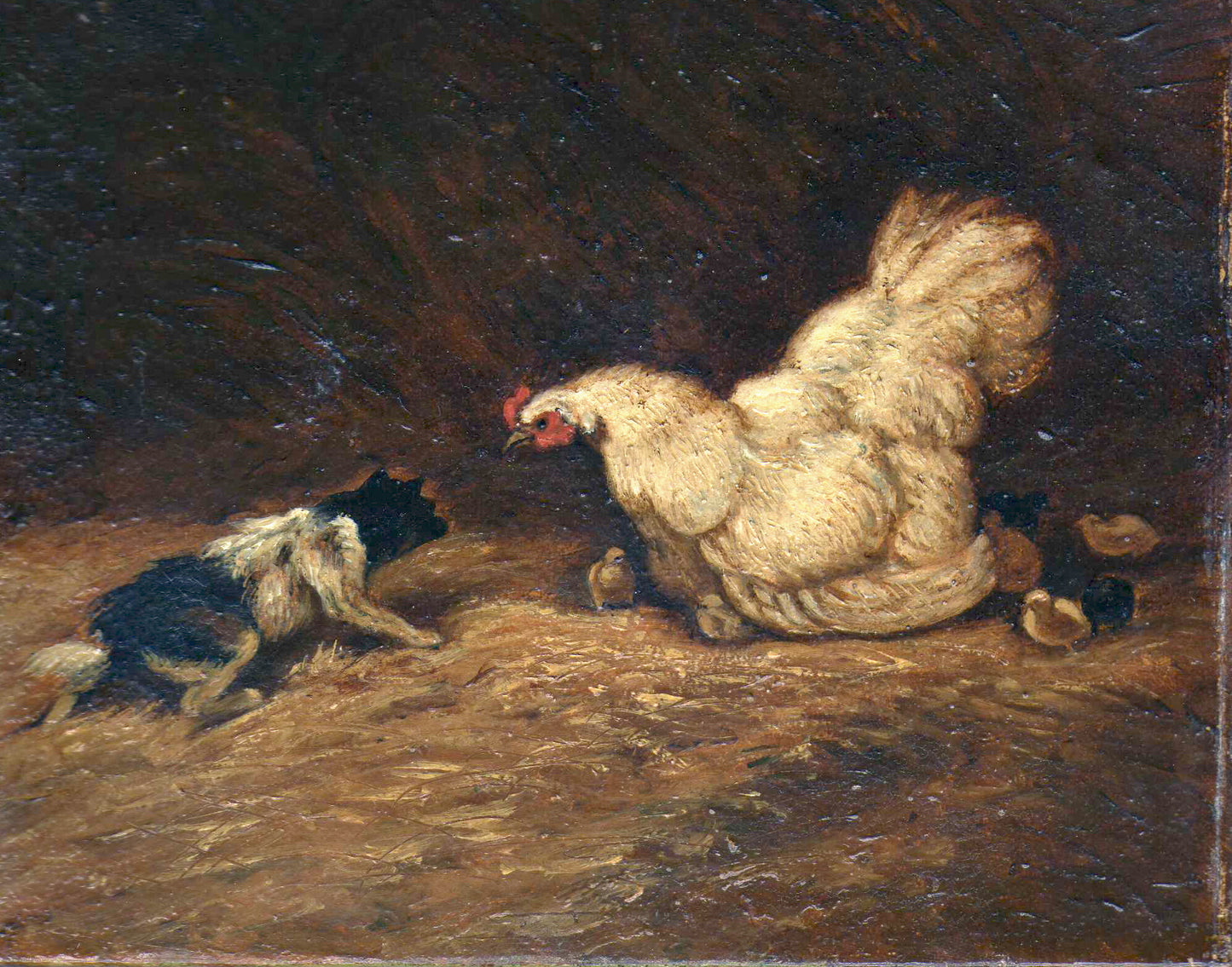 Chien menaçant une poule et ses poussins, vintage artwork by Philibert Leon Couturier, 12x8" (A4) Poster