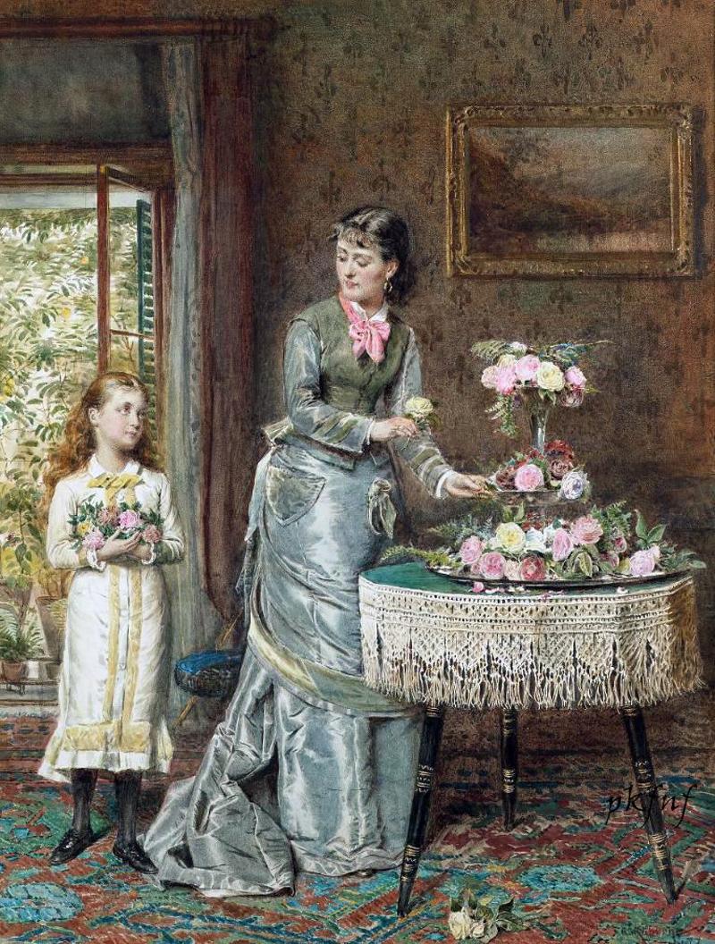 Arranging the Flowers, vintage artwork by George Goodwin Kilburne, 12x8" (A4) Poster