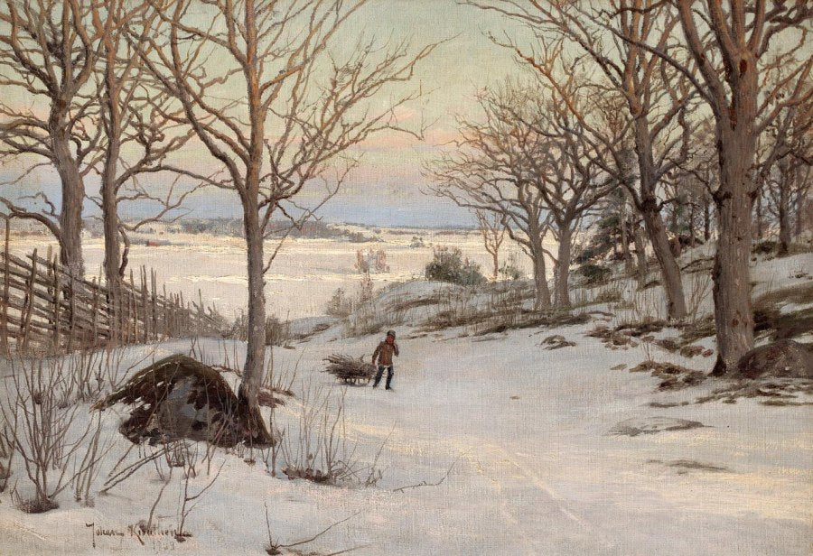 Boy with sledge in winter landscape, vintage artwork by Johan Krouthen, 12x8" (A4) Poster