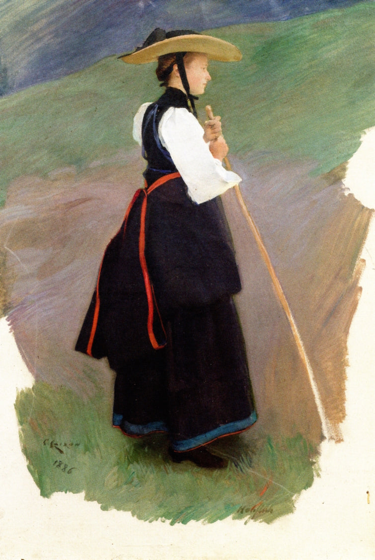 Walliserin in Tracht bei Hohfluh, vintage artwork by Charles Giron, 12x8" (A4) Poster