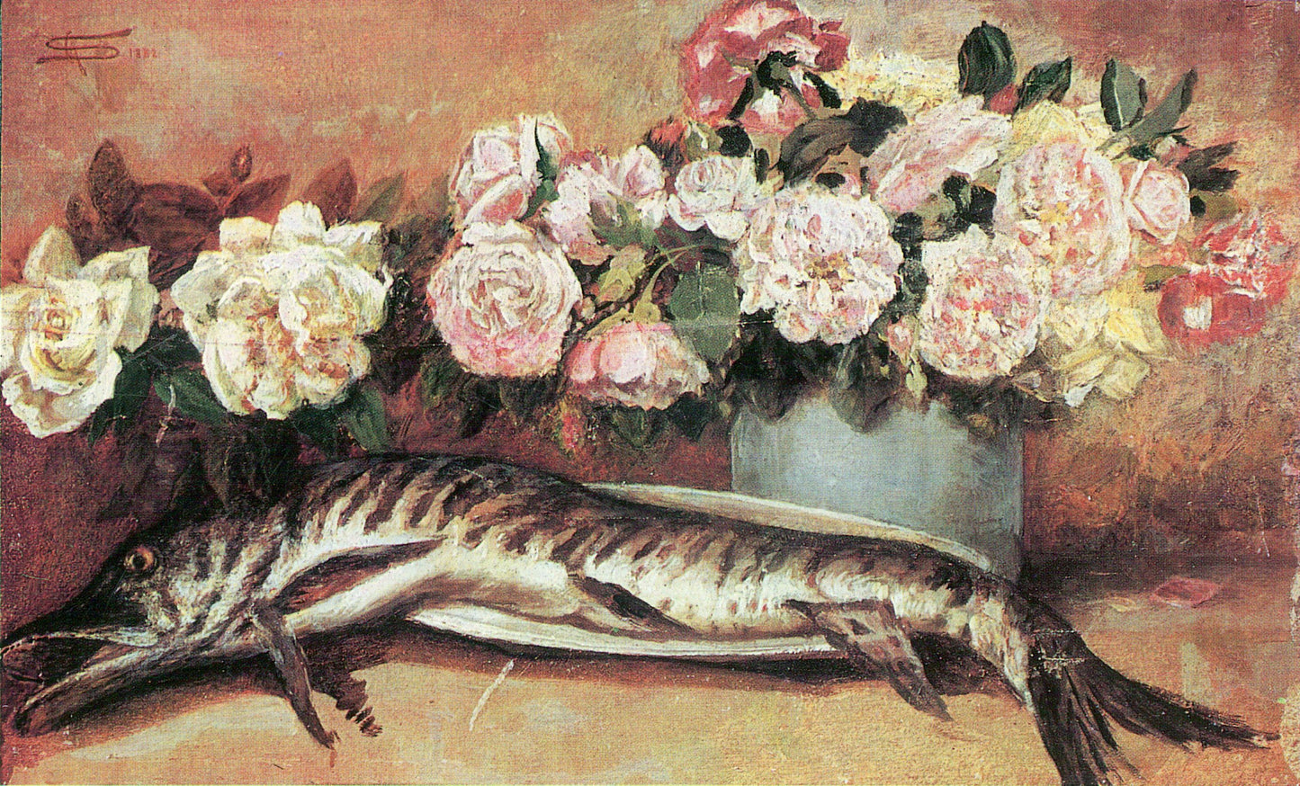 Natura morta con fiori e pesce by Giovanni Segantini,A3(16x12")Poster