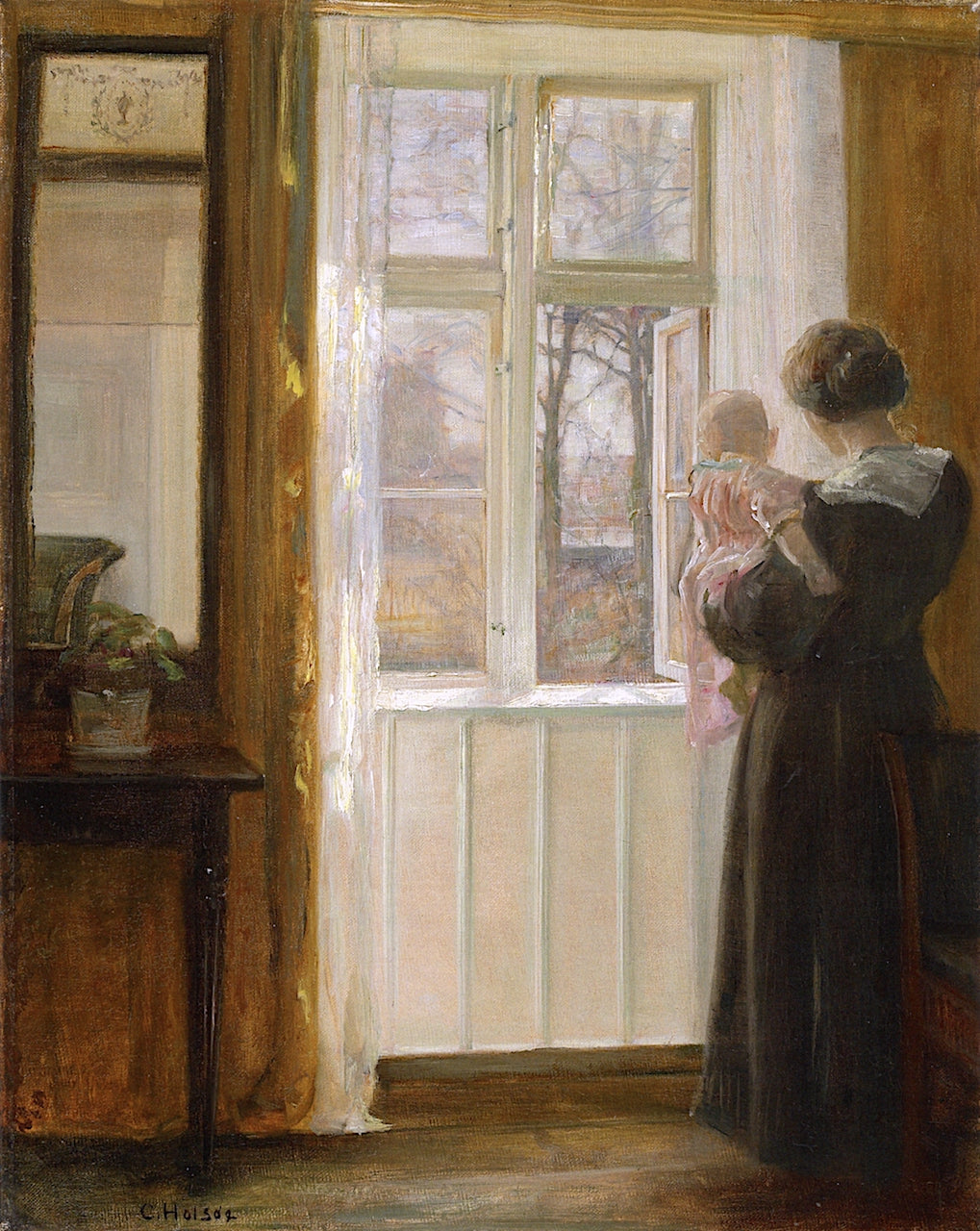 A Mother and Child at a Window, vintage artwork by Carl Vilhelm Holsøe, 12x8" (A4) Poster