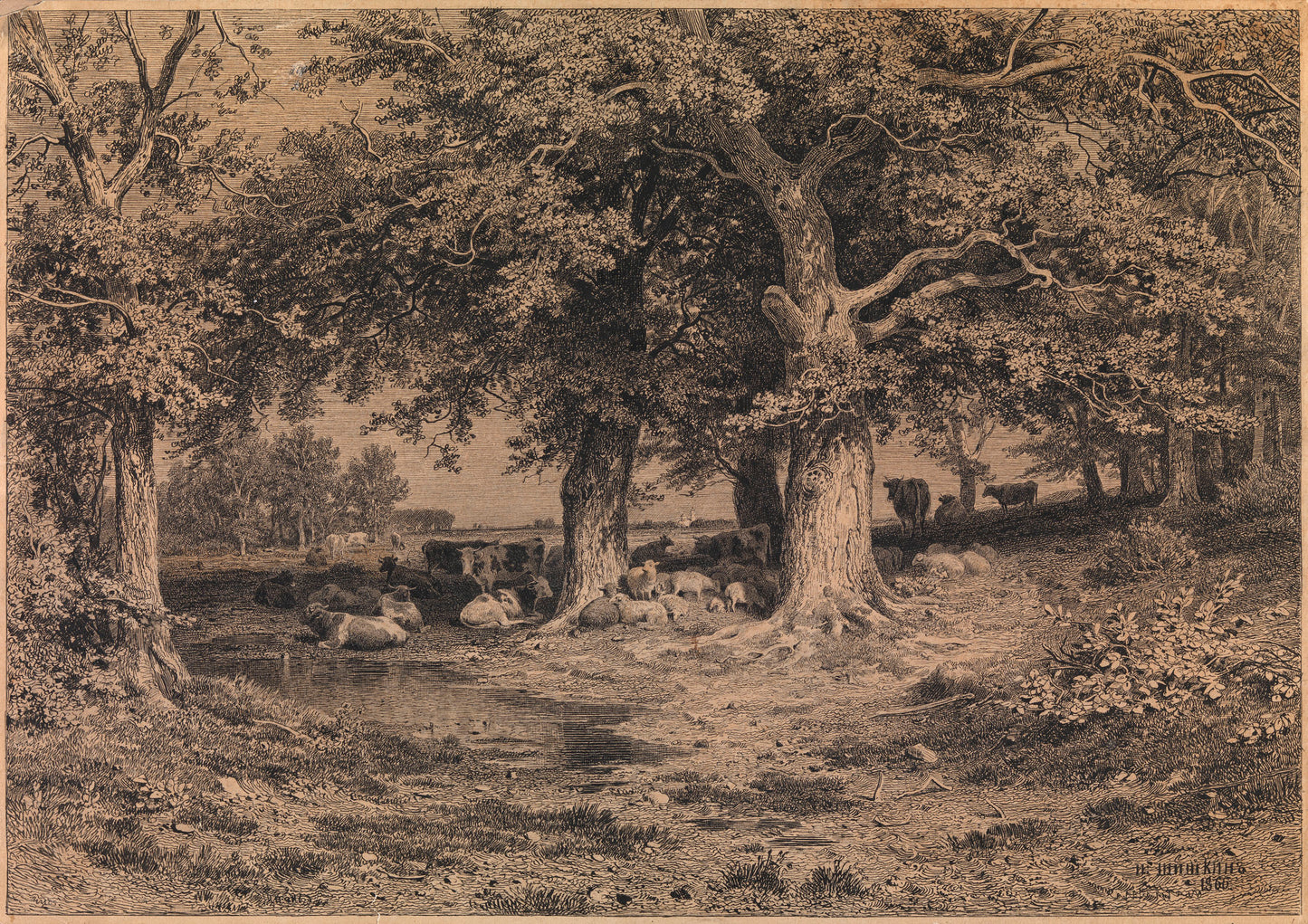 Cows and Sheep at a Watering Place, vintage artwork by Ivan Ivanovich Shishkin, 12x8" (A4) Poster