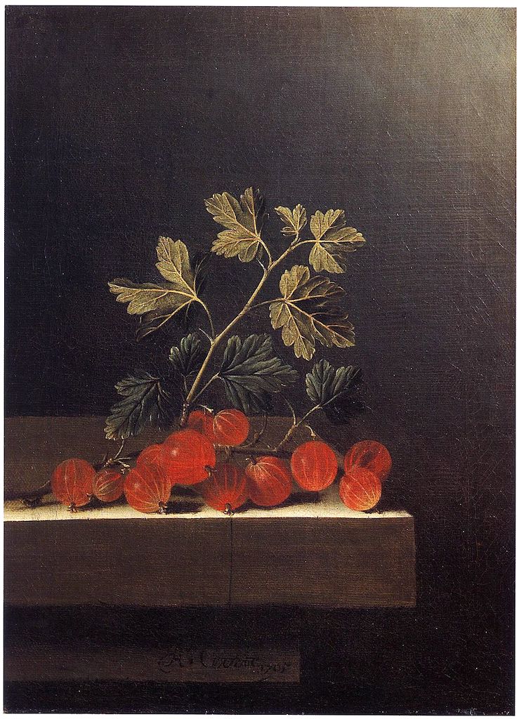 Spray of Red Gooseberries on a Stone Plinth, vintage artwork by Adriaen Coorte, 12x8" (A4) Poster