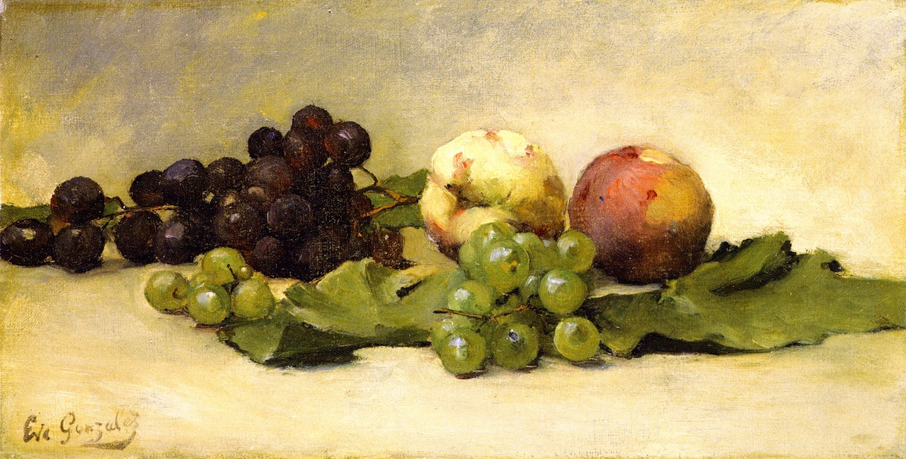 Still LIfe with Two Peaches and Grapes, vintage artwork by Eva Gonzales, 12x8" (A4) Poster