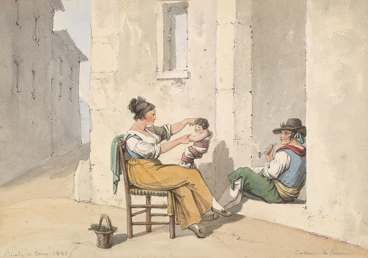 Italian alley with a family in front of the house, vintage artwork by Bartolomeo Pinelli, 12x8" (A4) Poster