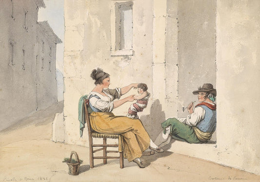 Italian alley with a family in front of the house, vintage artwork by Bartolomeo Pinelli, 12x8" (A4) Poster