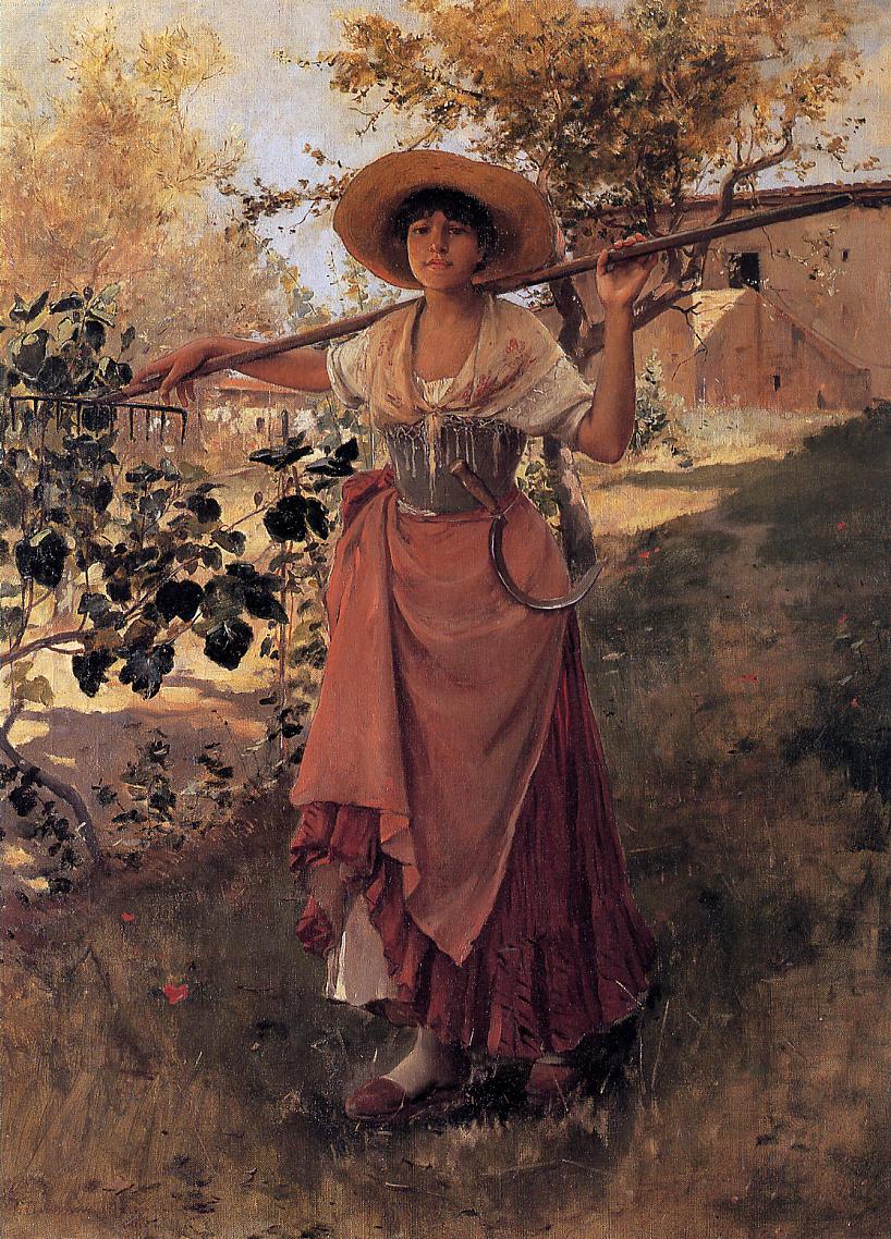 Girl with Rake, vintage artwork by Frank Duveneck, 12x8" (A4) Poster