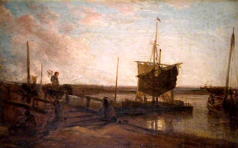 Jetty with Boats, vintage artwork by Peter de Wint, 12x8" (A4) Poster