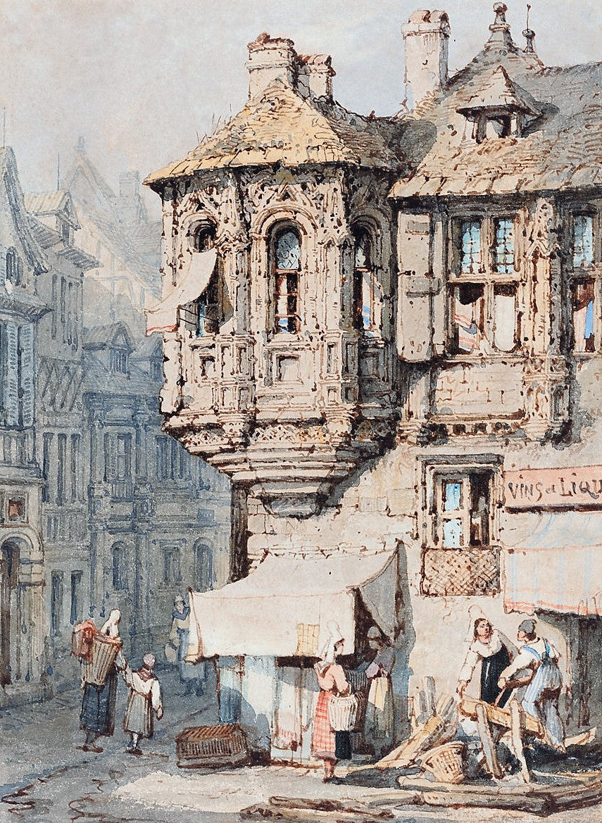 French Street Scene with a Medieval Turret, vintage artwork by Samuel Prout, 12x8" (A4) Poster