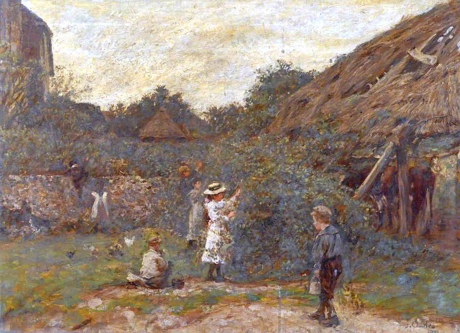Scene in a Farmyard with Children Picking Fruit, vintage artwork by James Charles, 12x8" (A4) Poster