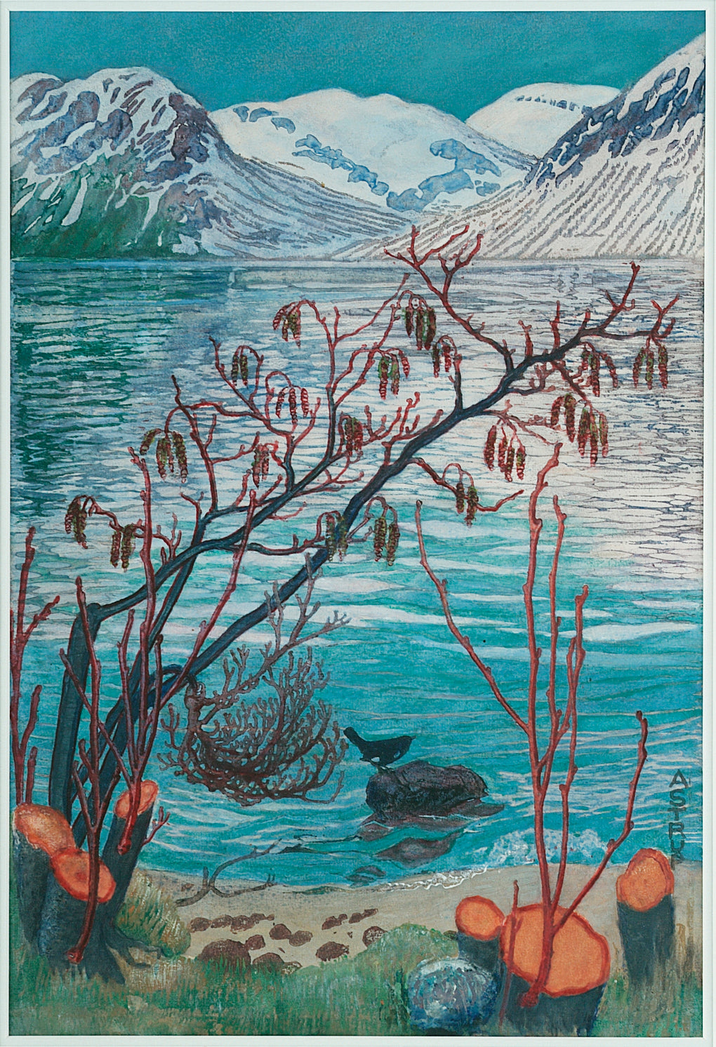 Bird on a Stone (woodcut) by Nicolai Astrup,16x12(A3) Poster