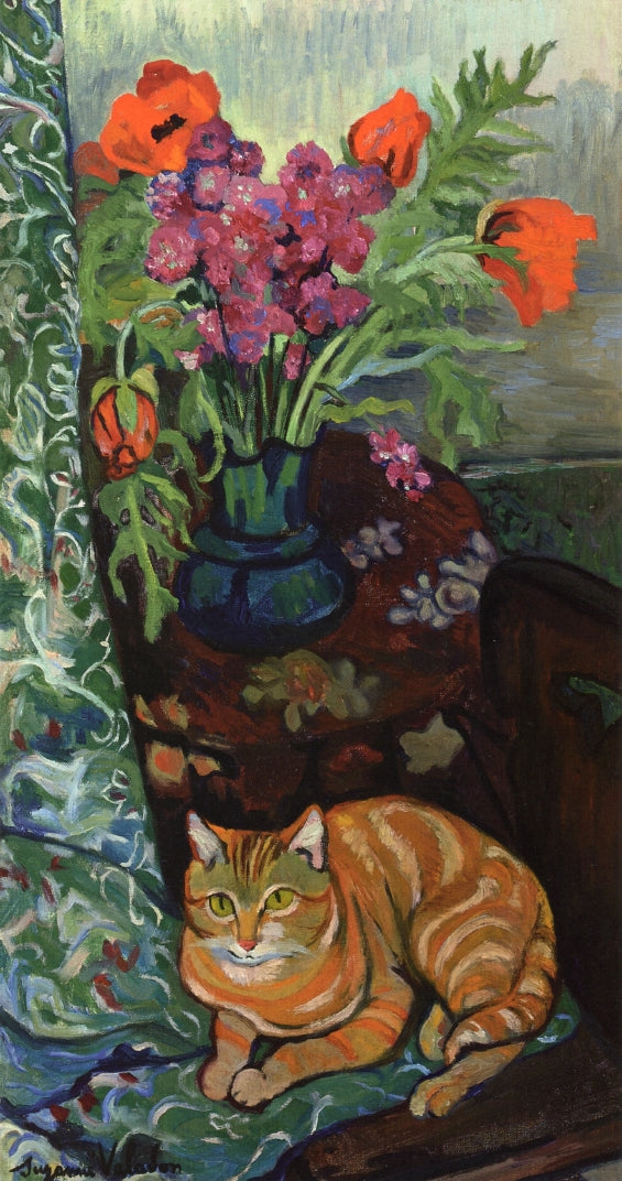Cat Lying in front of a Bouquet of Flowers, vintage artwork by Suzanne Valadon, 12x8" (A4) Poster