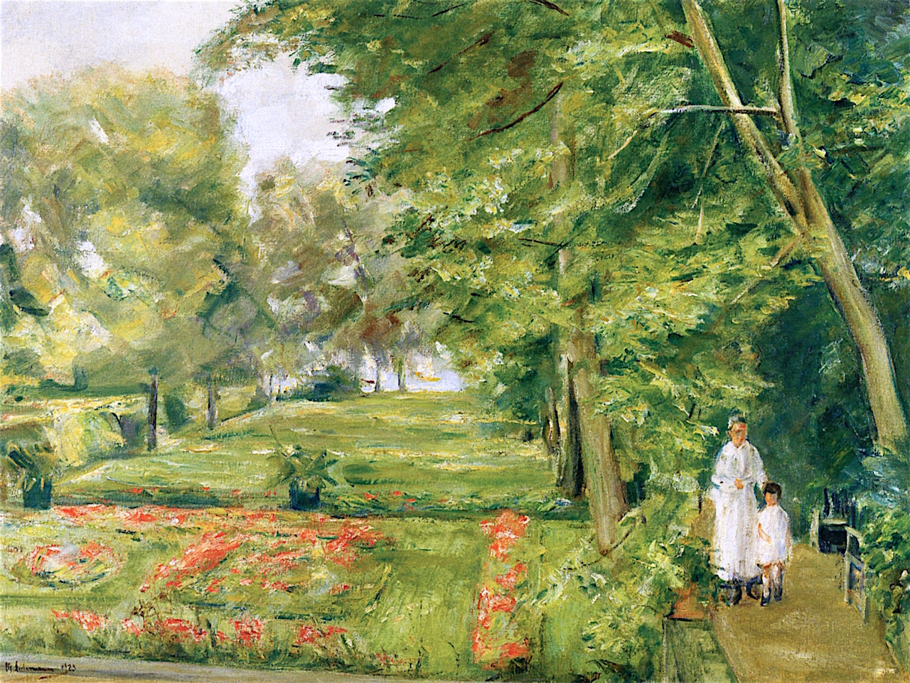 The Artist's Granddaughter with the Governess in the Wannsee Garden, vintage artwork by Max Liebermann, 12x8" (A4) Poster