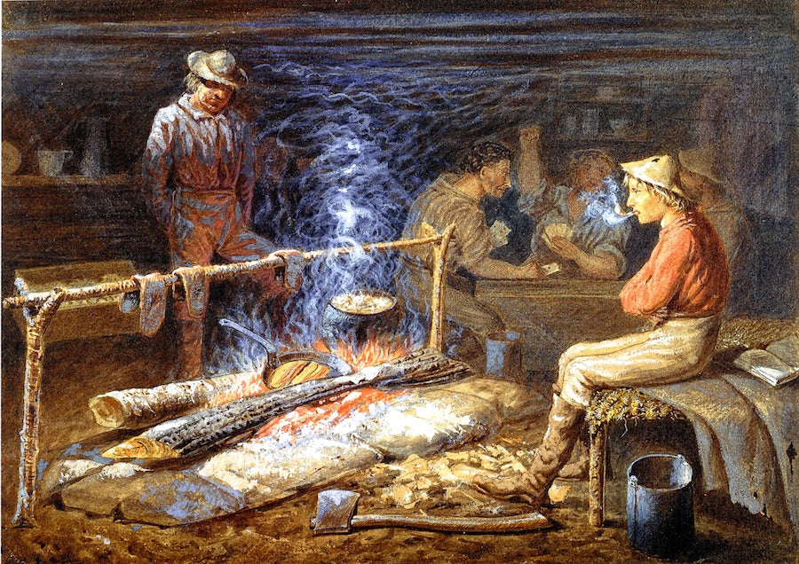 Cabin on the Fraser River, B. C., "The Bacon is Cooked", vintage artwork by William George Richardson Hind, 12x8" (A4) Poster