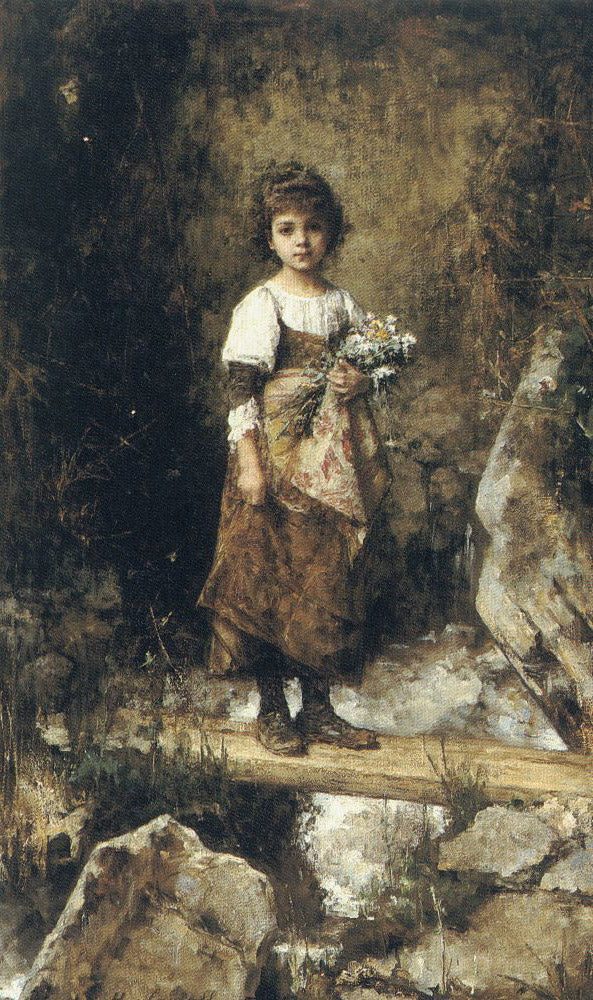 A Peasant Girl on a Footbridge, vintage artwork by Alexei Harlamoff, 12x8" (A4) Poster