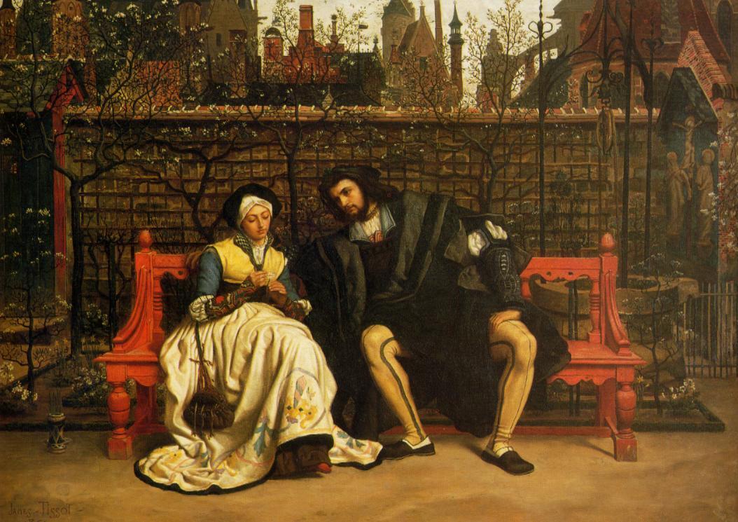 Fauste and Marguerite in the Garden, vintage artwork by James Tissot, 12x8" (A4) Poster
