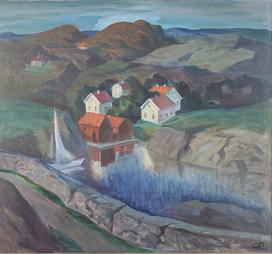 Mountainous Landscape with Houses, vintage artwork by Georg Pauli, 12x8" (A4) Poster