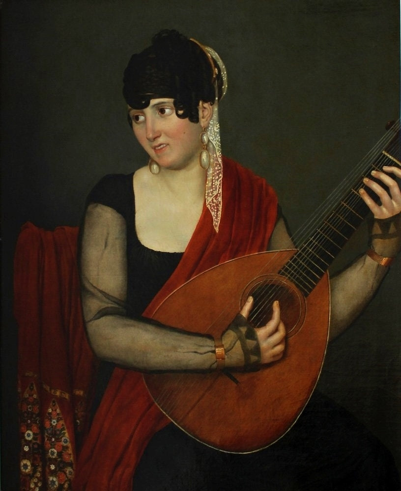 Portrait of a young Lady playing a Lute, vintage artwork by Attributed to Jean-Auguste-Dominique Ingres, 12x8" (A4) Poster