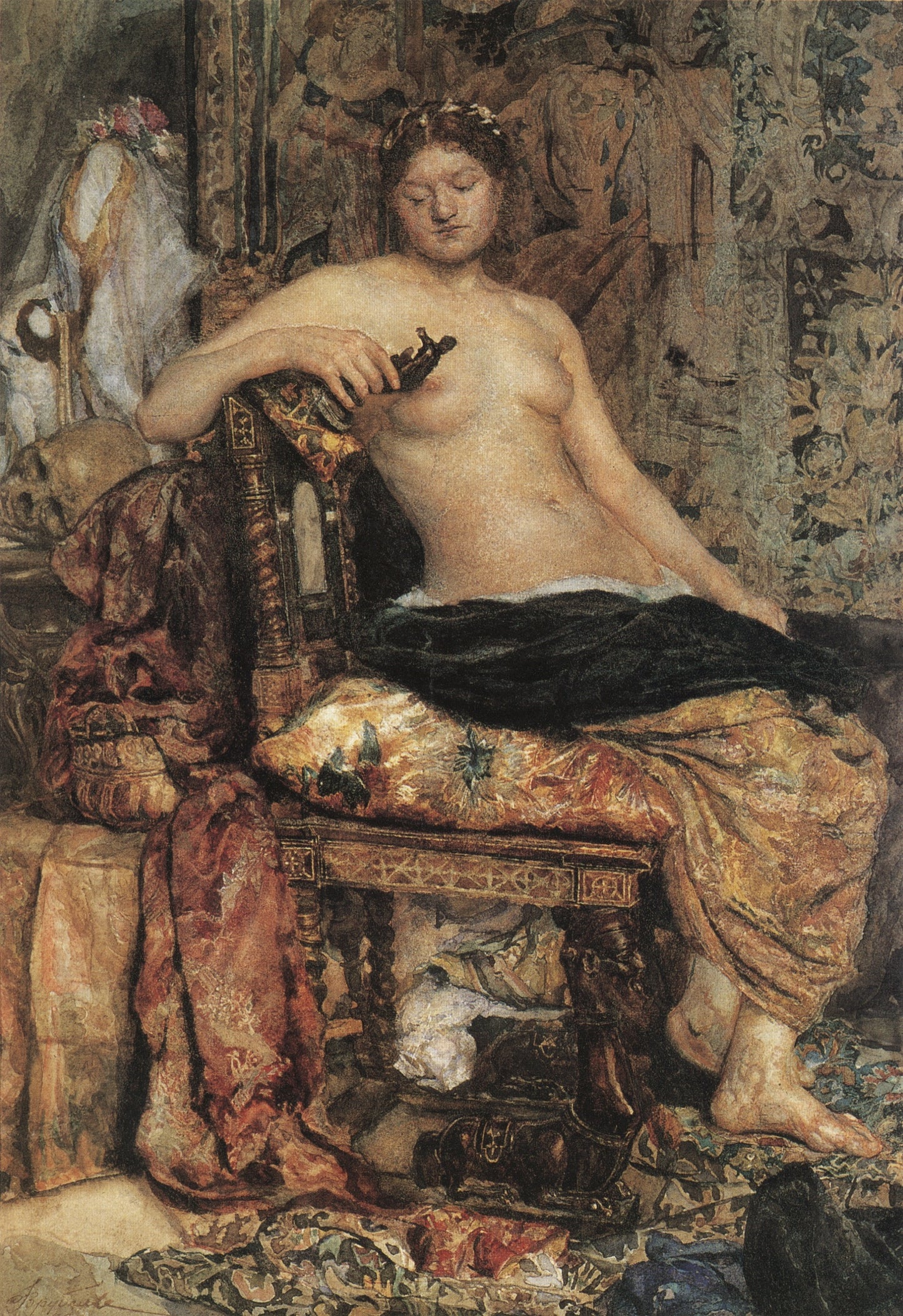 Nude in a Renaissance Interior, vintage artwork by Mikhail Vrubel, 12x8" (A4) Poster