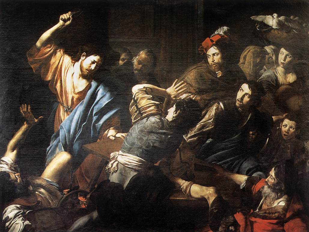 Christ Driving the Money Changers out of the Temple, vintage artwork by Valentin de Boulogne, 12x8" (A4) Poster