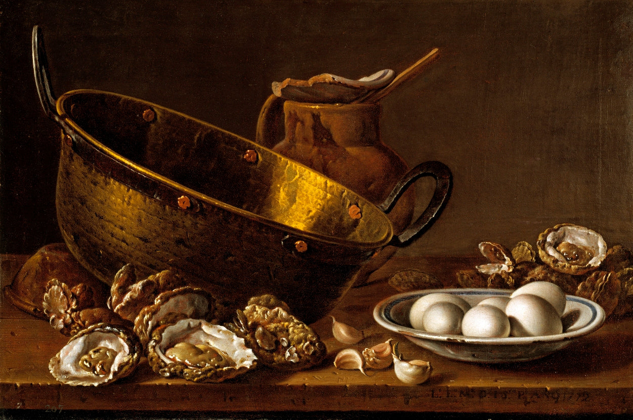Still Life with Oysters, Garlic,Eggs and Pots, vintage artwork by Luis Melendez, 12x8" (A4) Poster