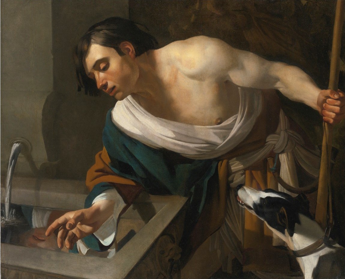 Narcissus Gazing at His Reflection, vintage artwork by Dirck van Baburen, 12x8" (A4) Poster