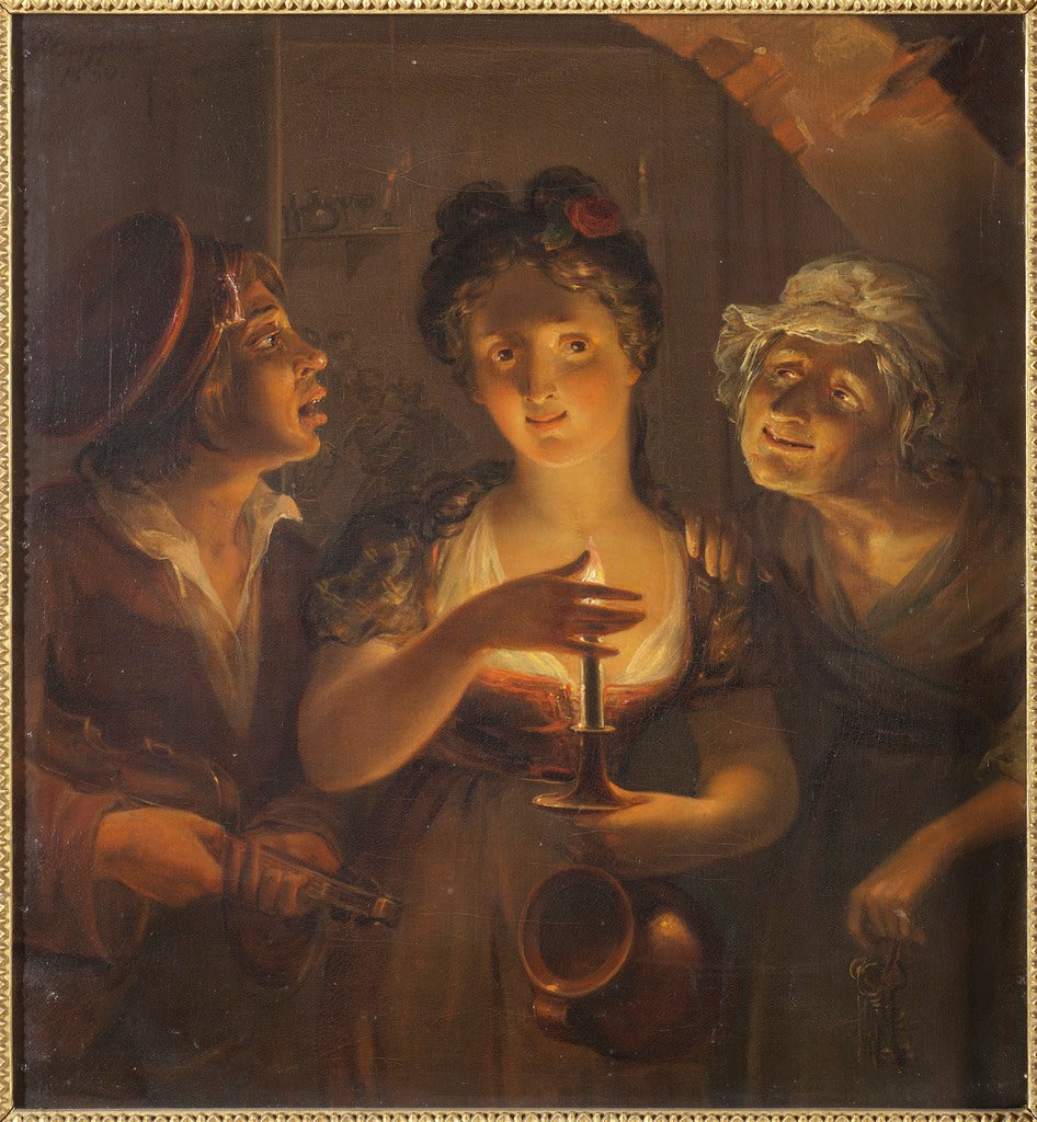 Girl Holding a Candle Standing between a Fiddler and an Old Woman, vintage artwork by Pehr Berggren, 12x8" (A4) Poster