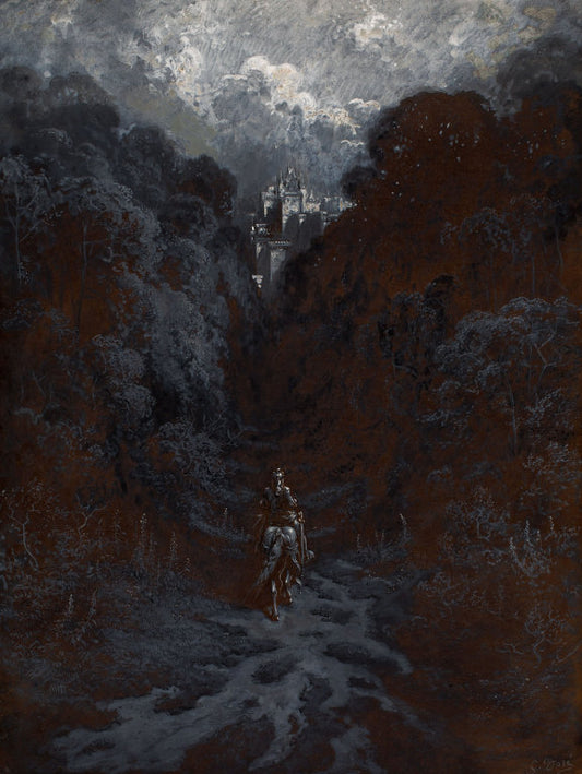 Sir Lancelot Approaching the Castle of Astolat, vintage artwork by Gustave Dore, 12x8" (A4) Poster