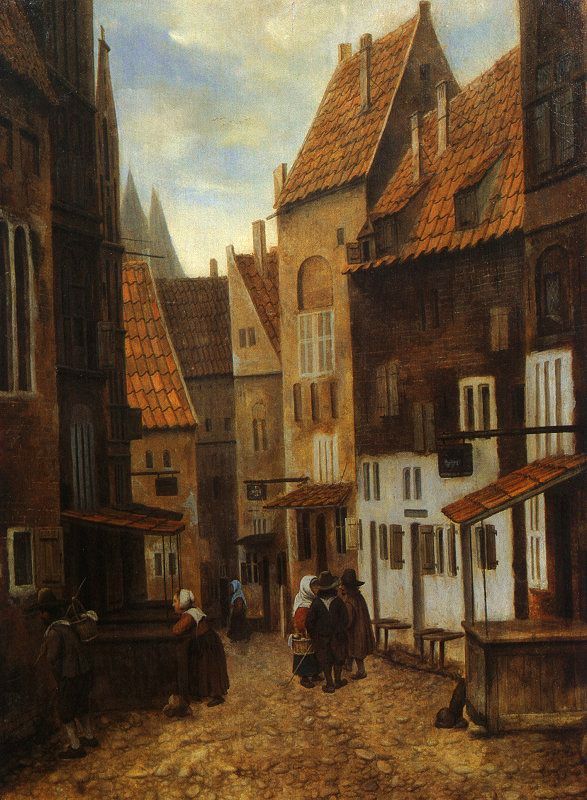 Street Scene with Six Figures, vintage artwork by Jacobus Vrel, 12x8" (A4) Poster