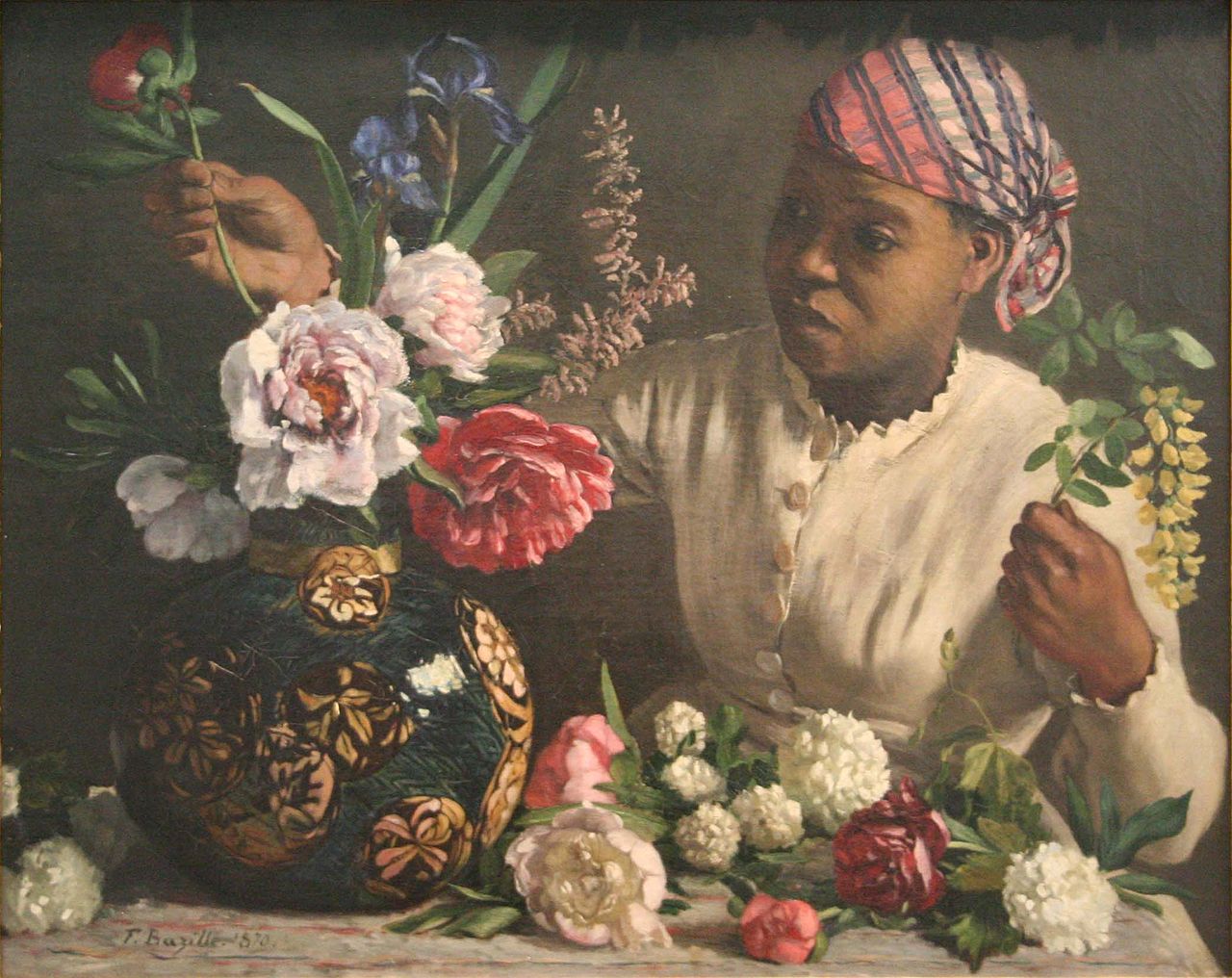 African Woman with Peonies, vintage artwork by Jean Frederic Bazille, 12x8" (A4) Poster