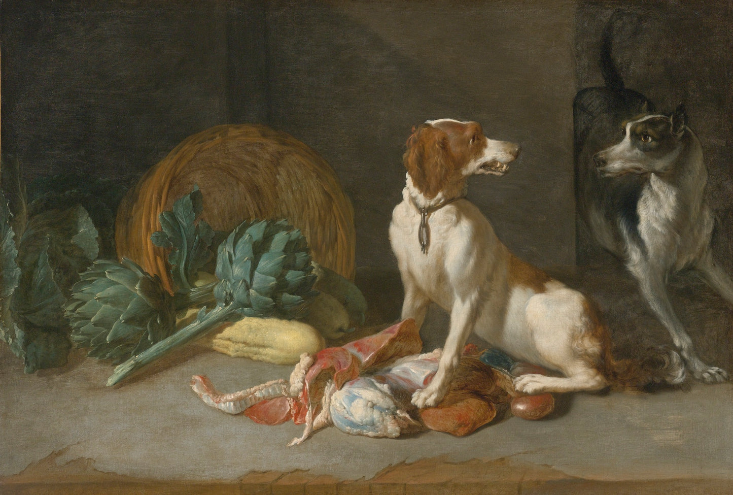 Two Hounds with a Still Life of Entrails, Artichokes, Lettuce, Squash, vintage artwork by Pieter van Boucle, 12x8" (A4) Poster