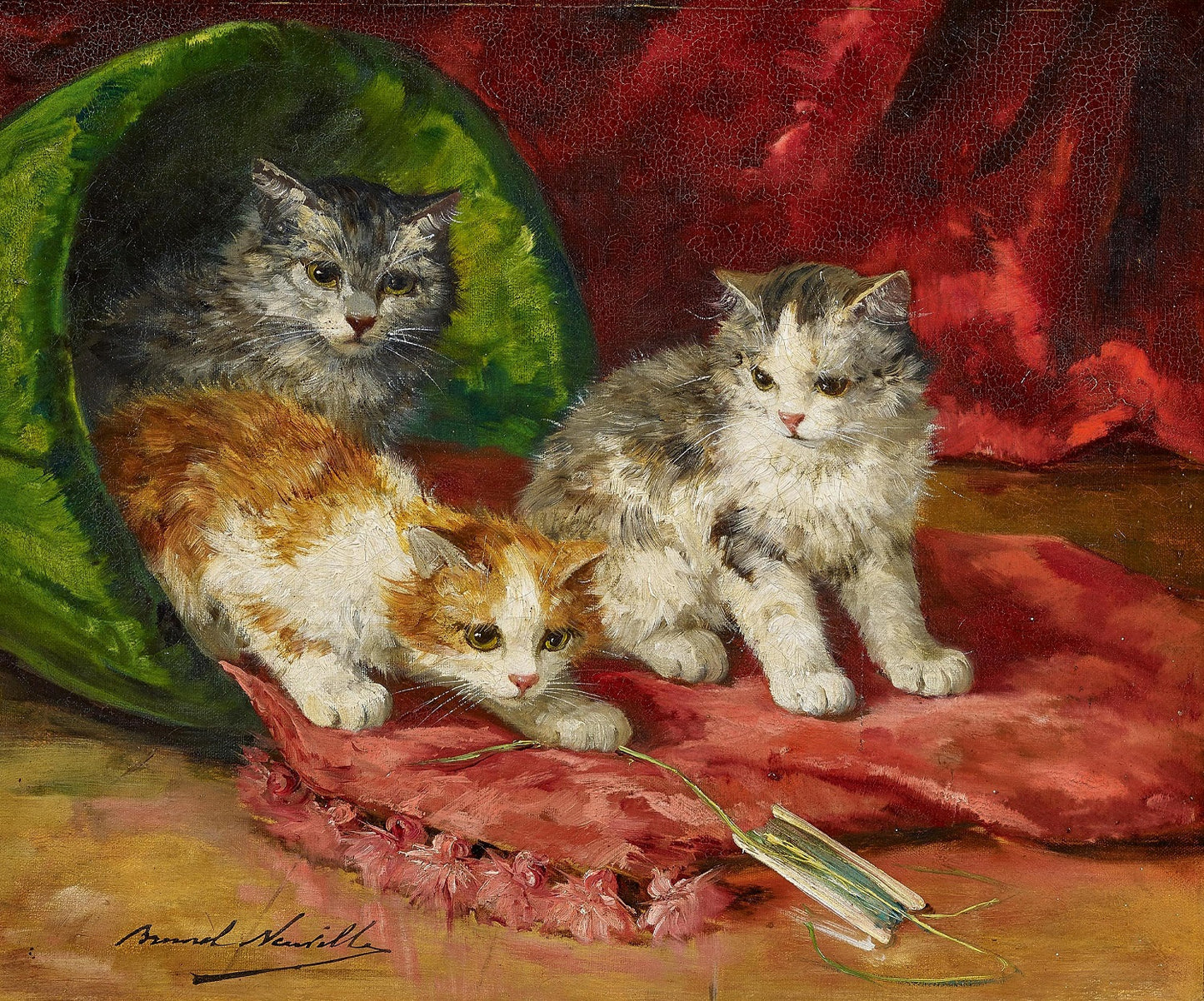 playing kittens, vintage artwork by Alfred Brunel de Neuville, 12x8" (A4) Poster