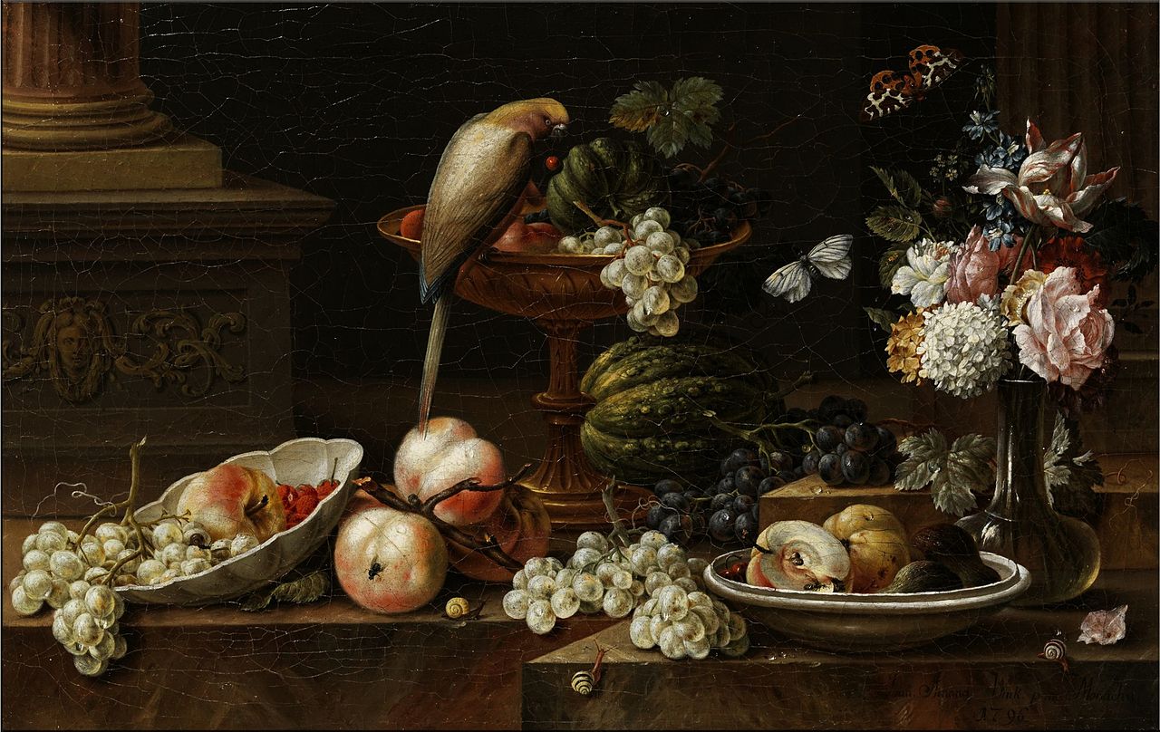 Still life with flowers in a glass vase, fruit and gray parrot, vintage artwork by Johann Amandus Winck, 12x8" (A4) Poster