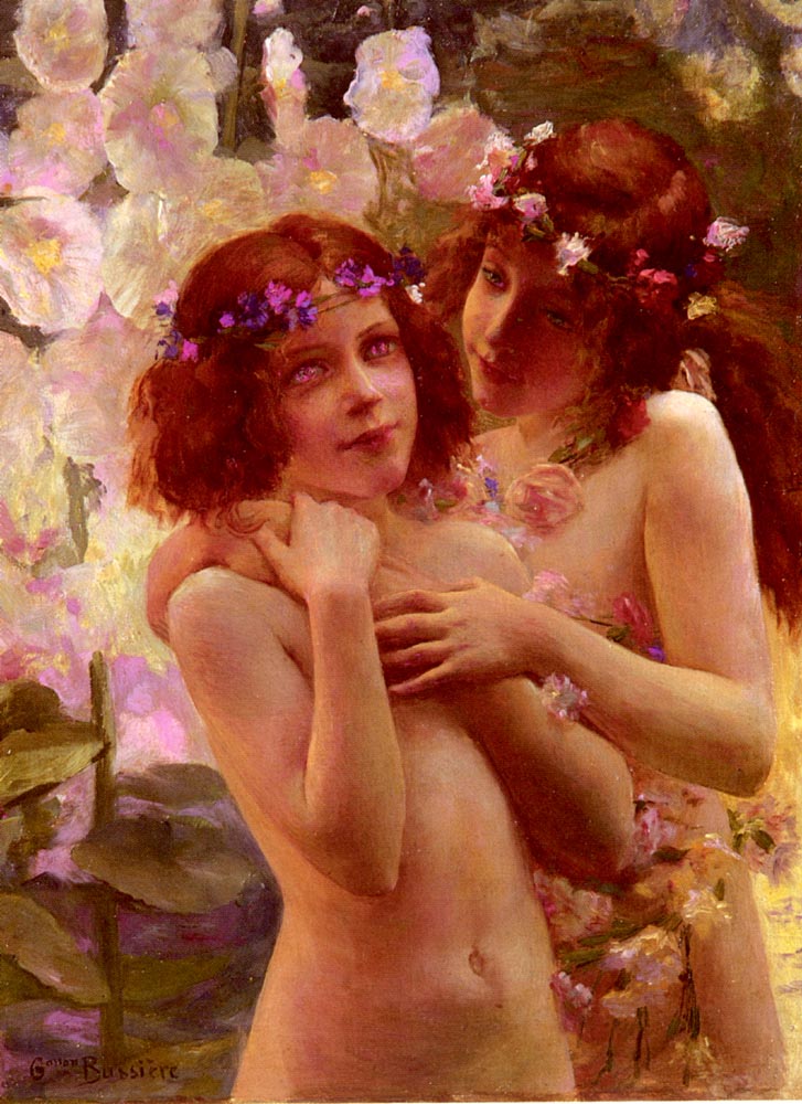 Two Children with Crowns of Flowers, vintage artwork by Gaston Bussiere, 12x8" (A4) Poster