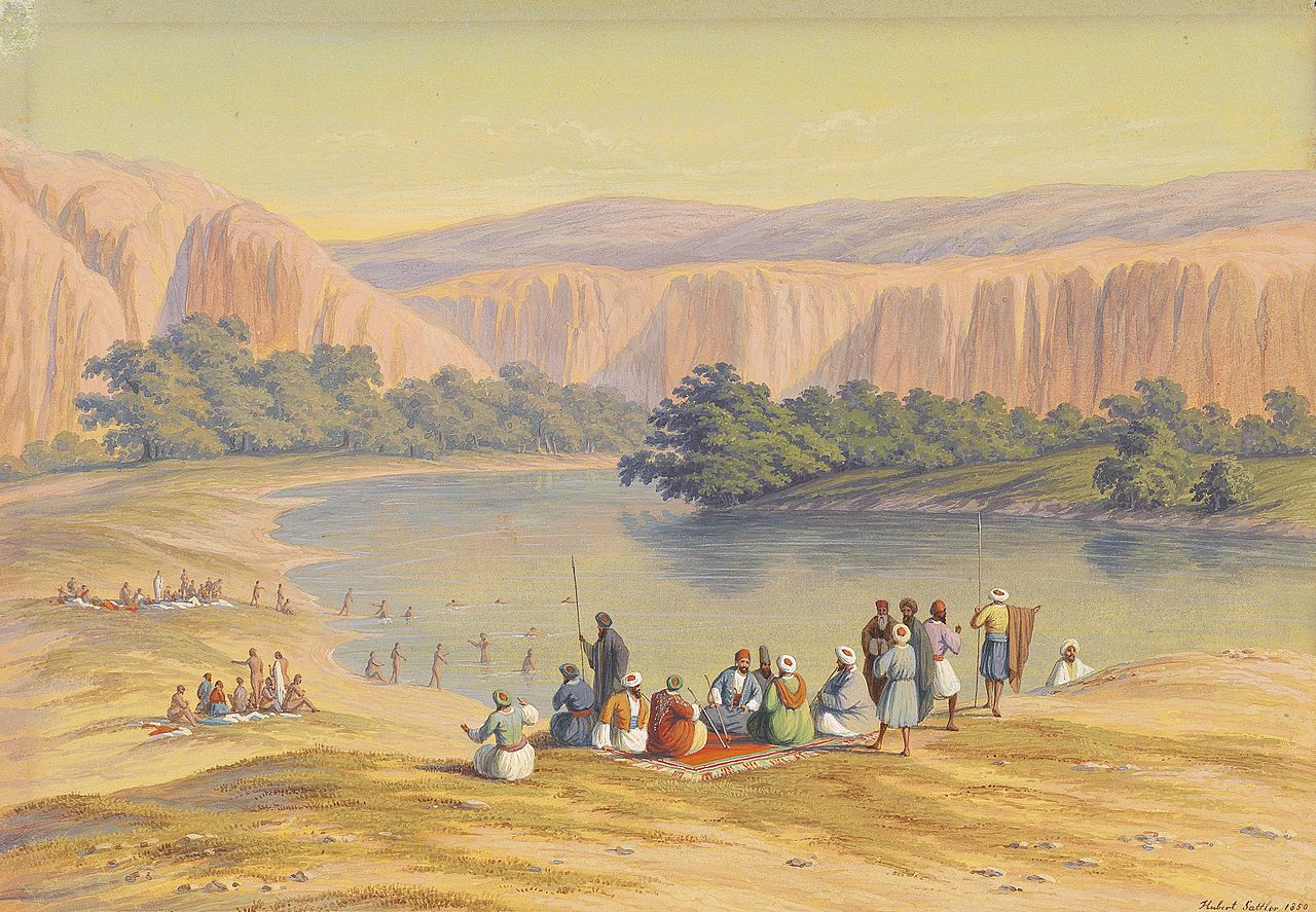 Bathing Scene with Orientals, vintage artwork by Hubert Sattler, A3 (16x12") Poster Print