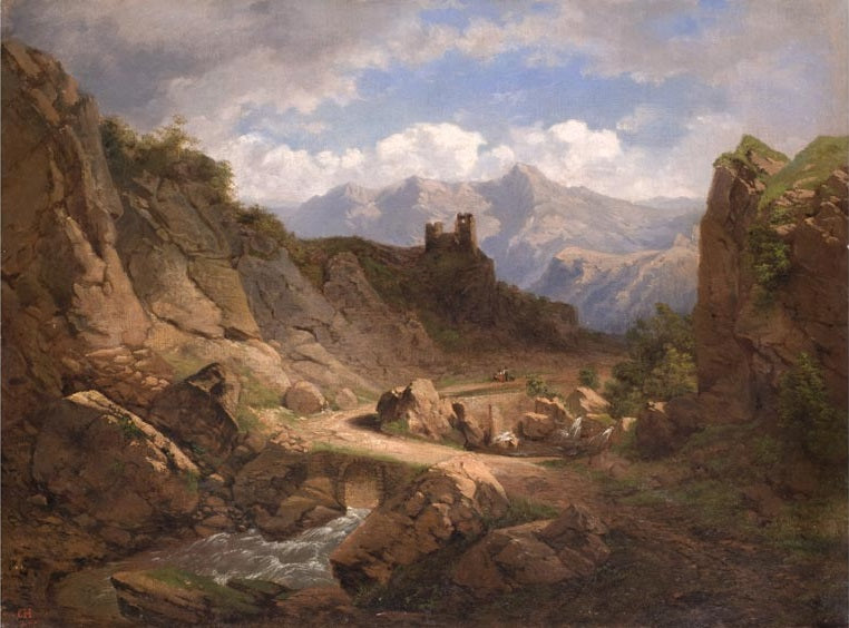 Mountain landscape with castle ruins, vintage artwork by Carl Maria Nicolaus Hummel, A3 (16x12") Poster Print