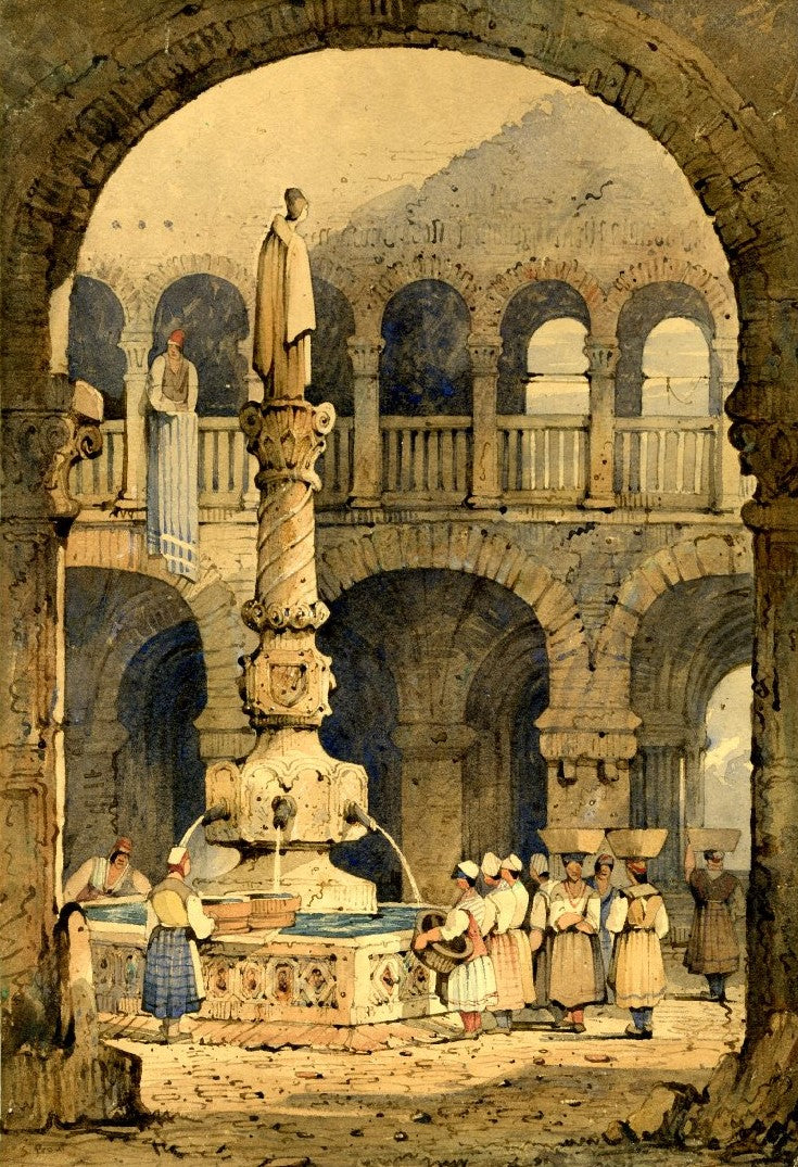 Courtyard and fountain in Ulm, vintage artwork by Samuel Prout, 12x8" (A4) Poster